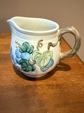 Metlox Pottery Ceramic Pitcher with Green and Blue Leaf Motif